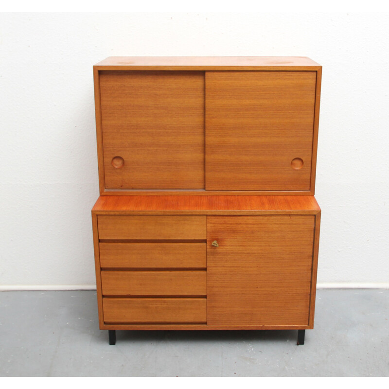 High cabinet in teak with drawers and sliding doors - 1960s