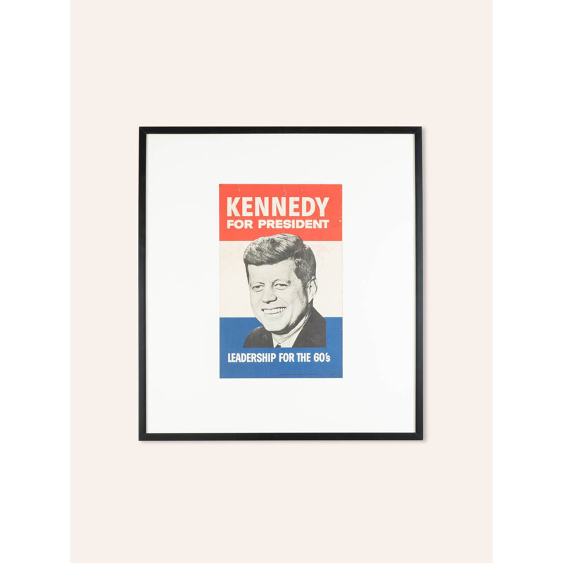 Cartel de campaña vintage en un marco de madera artesanal de John F. Kennedy, 1960