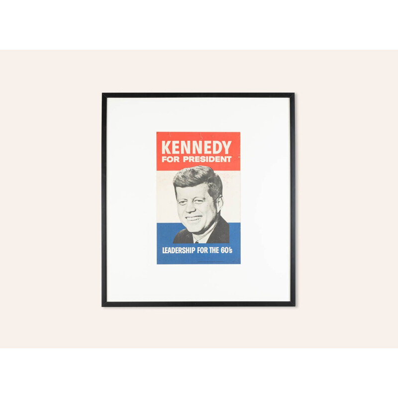 Cartaz da campanha Vintage numa moldura de madeira artesanal de John F. Kennedy, 1960