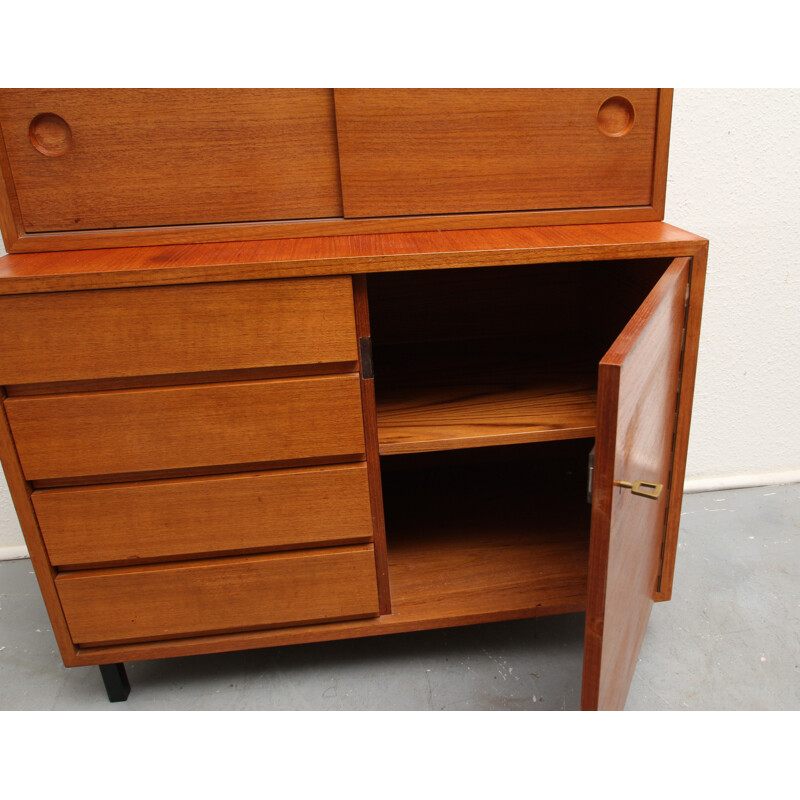 High cabinet in teak with drawers and sliding doors - 1960s