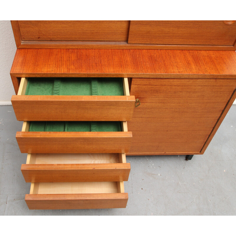 High cabinet in teak with drawers and sliding doors - 1960s