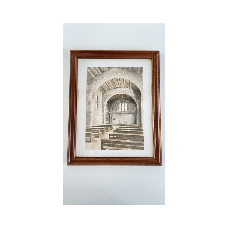Vintage chapel interior painting on paper with wood, cardboard and glass frame, 1983