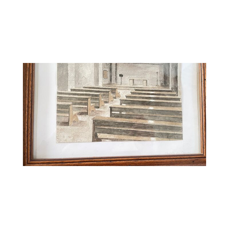 Vintage chapel interior painting on paper with wood, cardboard and glass frame, 1983
