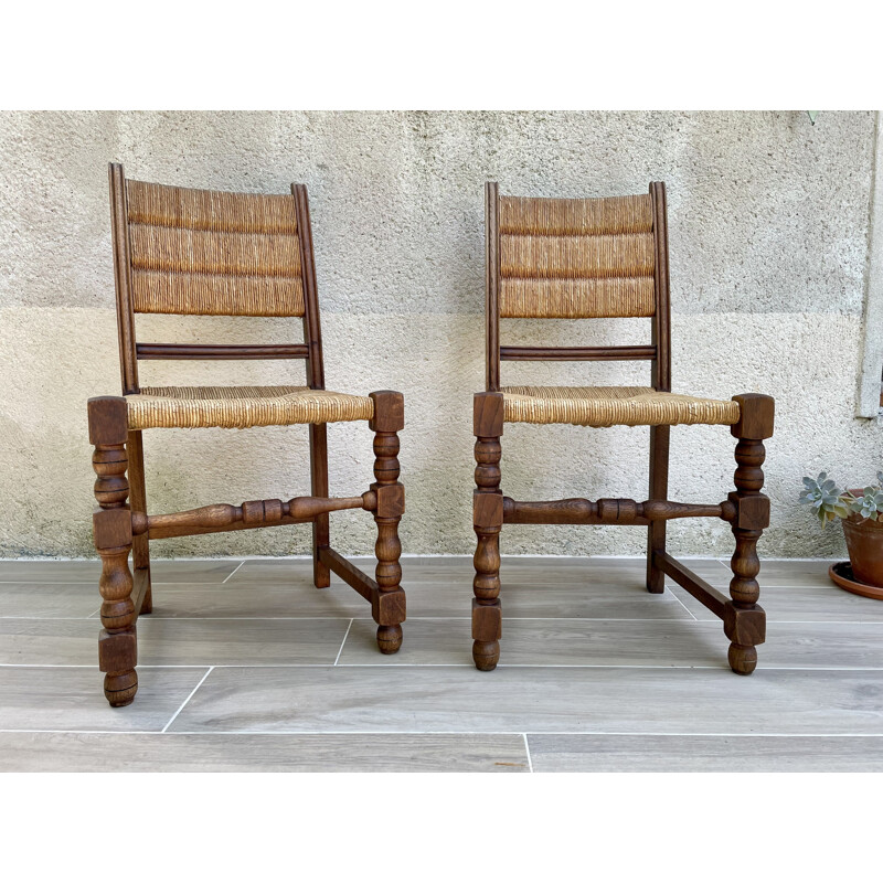 Pair of vintage country chairs in oakwood and straw