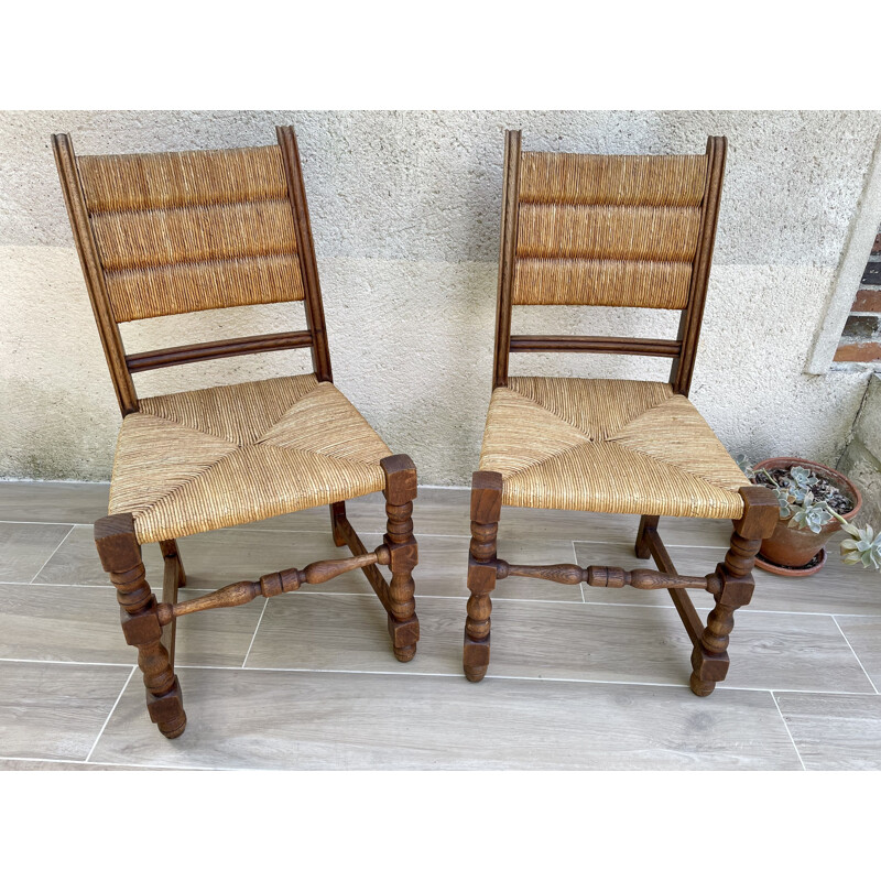 Pair of vintage country chairs in oakwood and straw