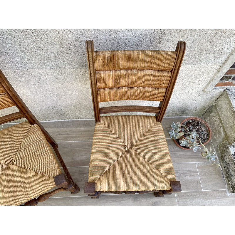 Pair of vintage country chairs in oakwood and straw