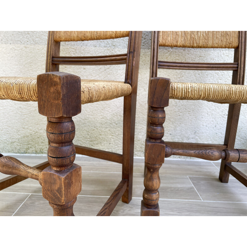 Pair of vintage country chairs in oakwood and straw