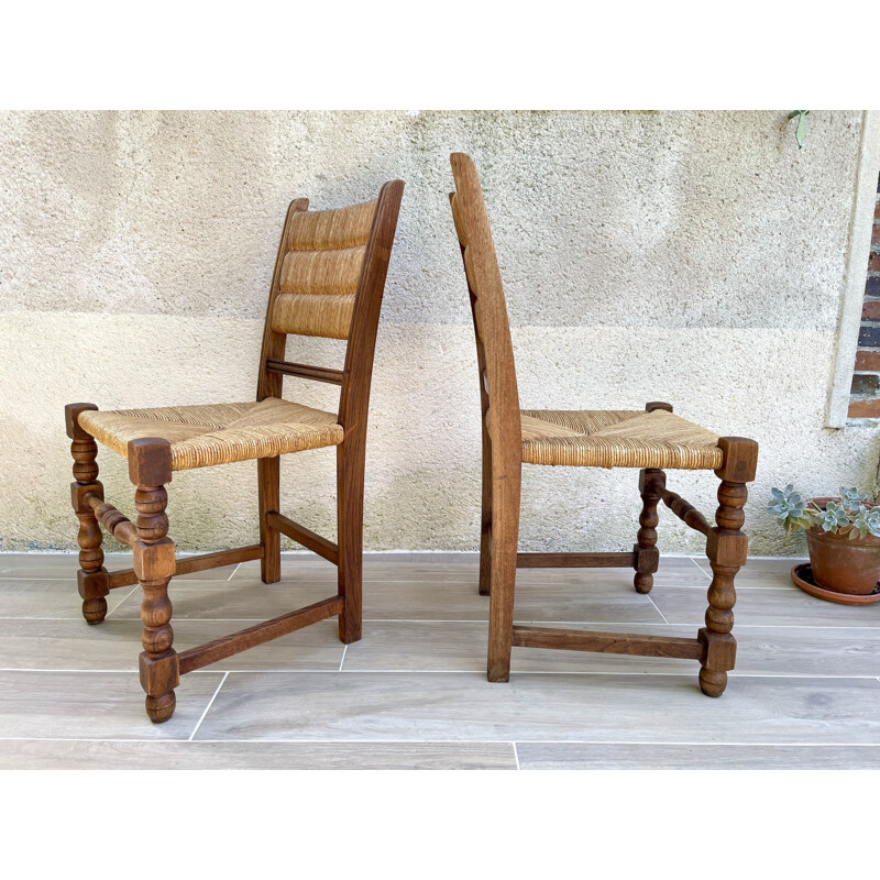 Pair of vintage country chairs in oakwood and straw