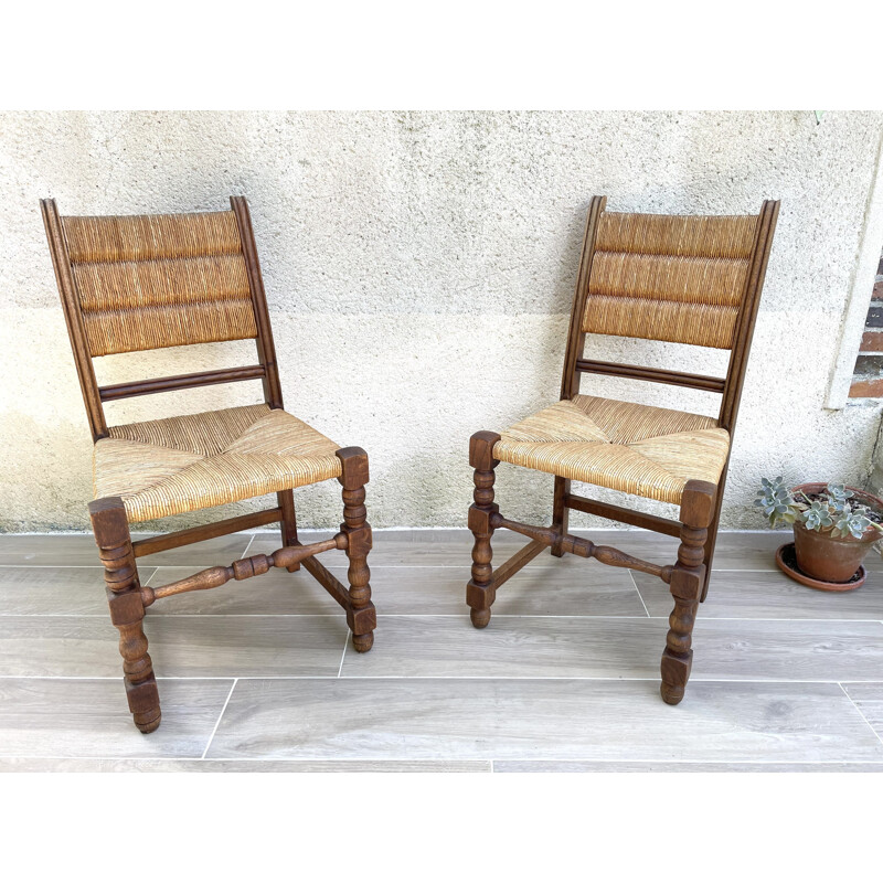 Pair of vintage country chairs in oakwood and straw