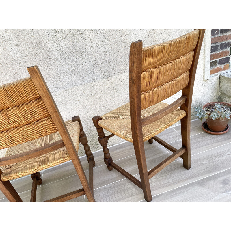 Paire chaises de campagne vintage en chêne et paille