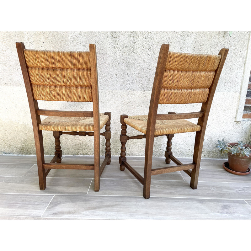 Pair of vintage country chairs in oakwood and straw