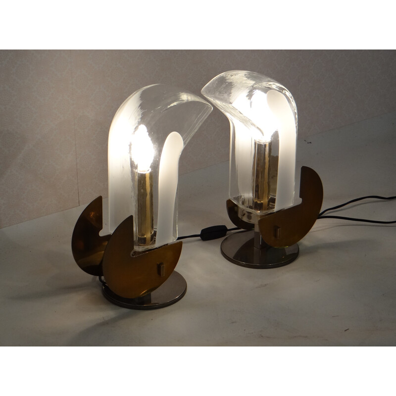 Pair of glass and brass table lamps - 1970s