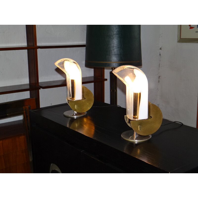 Pair of glass and brass table lamps - 1970s