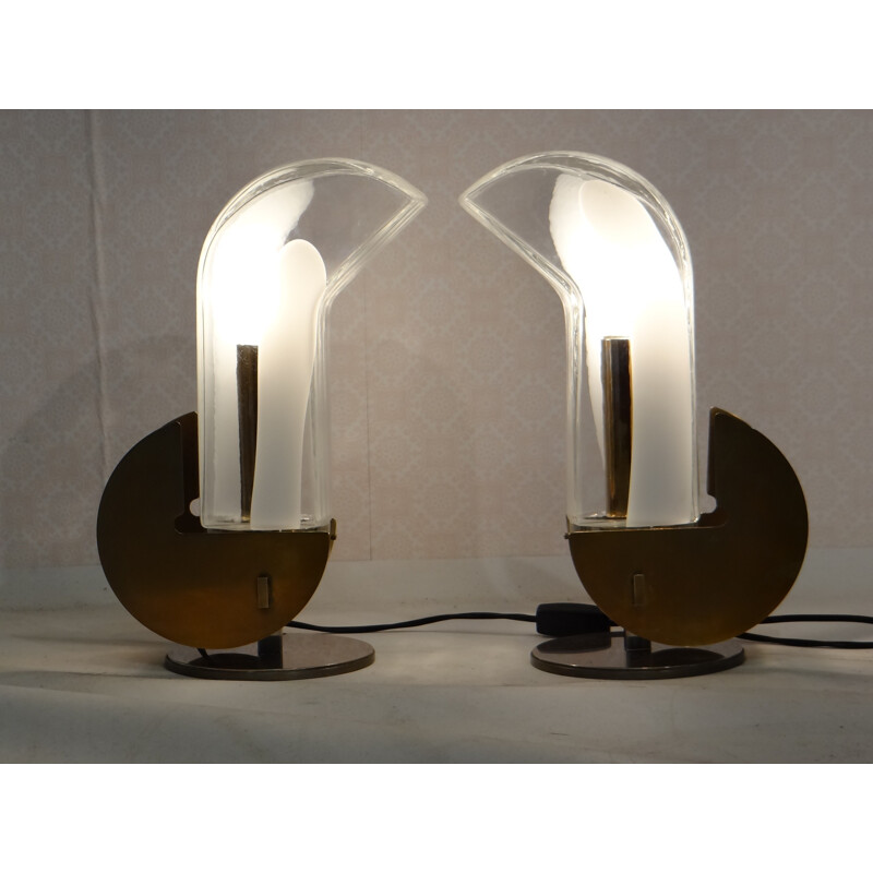 Pair of glass and brass table lamps - 1970s