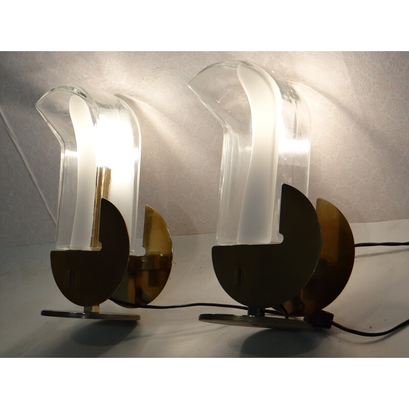 Pair of glass and brass table lamps - 1970s