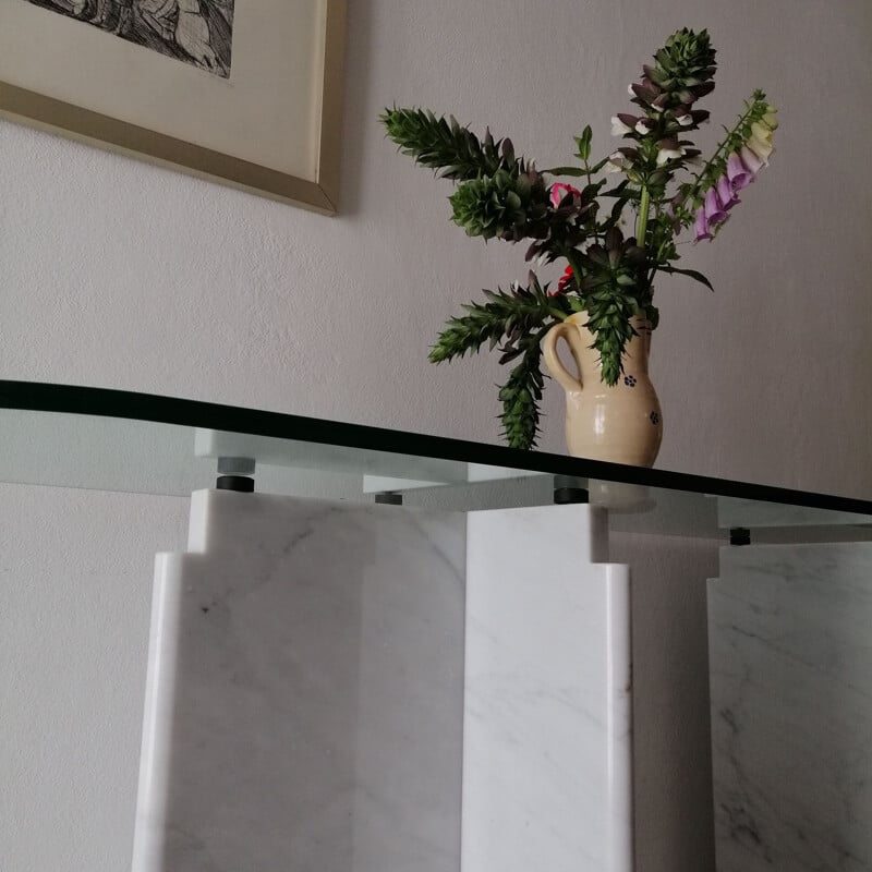 Vintage Carrara marble and thick glass console, 1980s