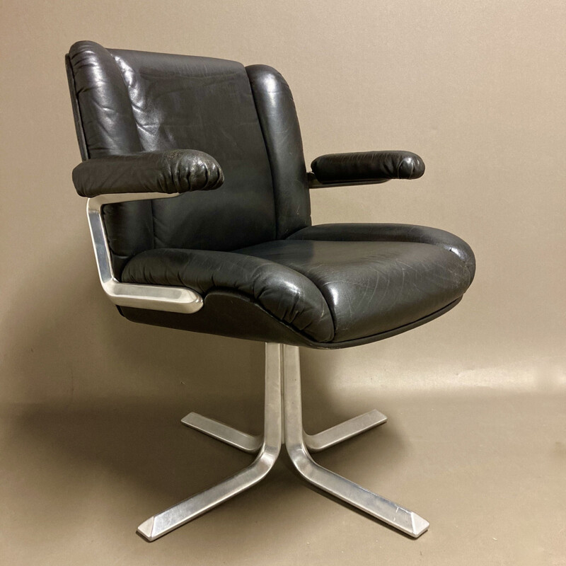 Vintage black leather and aluminum armchair, 1960s