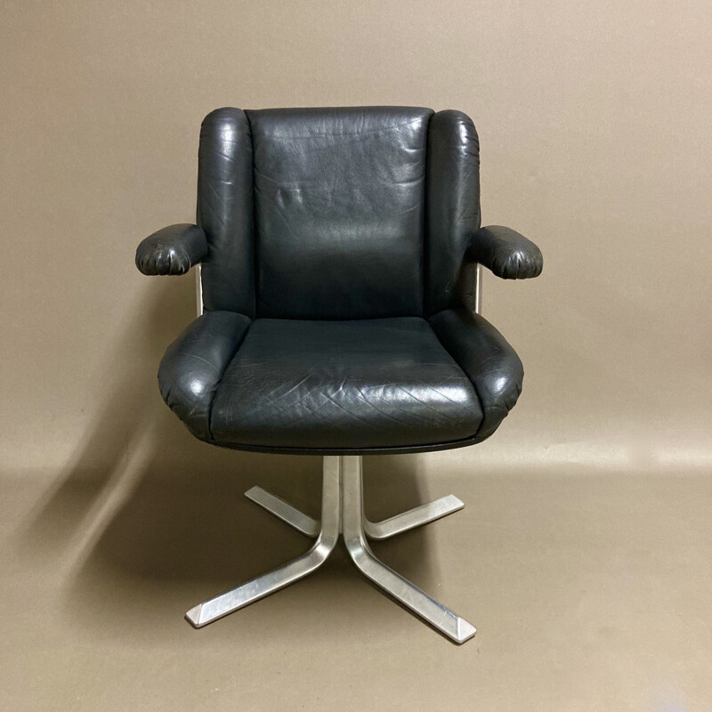 Vintage-Sessel aus schwarzem Leder und Aluminium, 1960