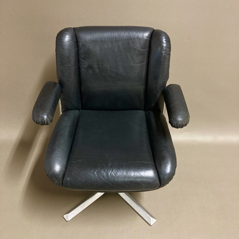 Vintage black leather and aluminum armchair, 1960s