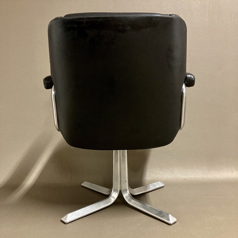 Vintage black leather and aluminum armchair, 1960s