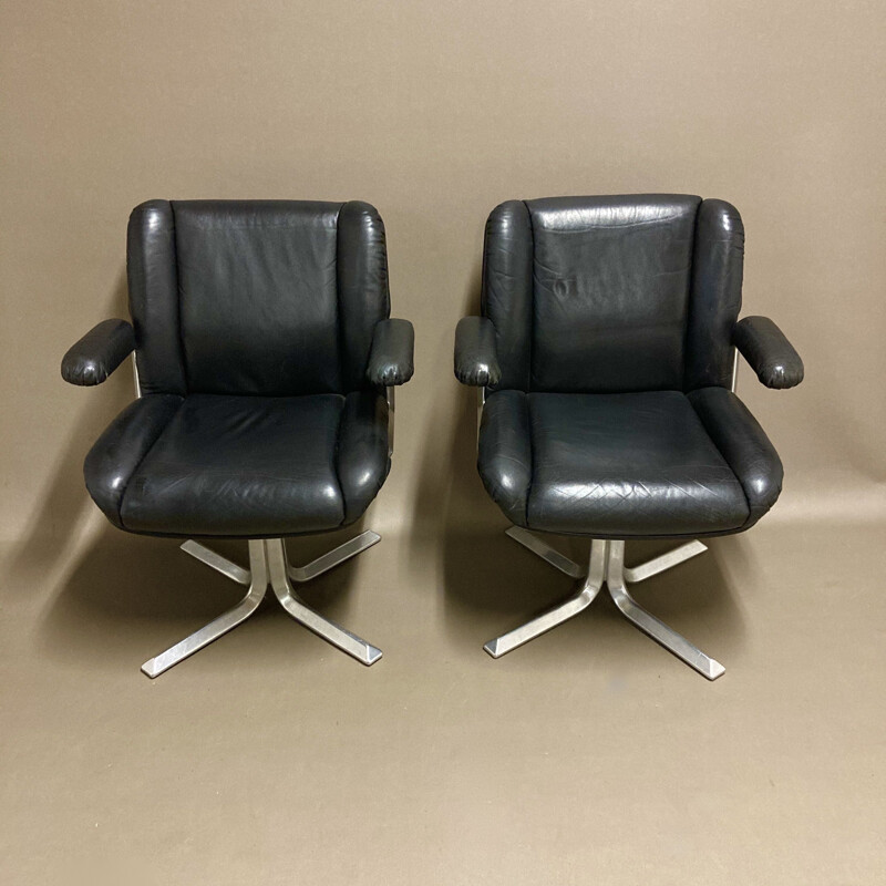 Vintage-Sessel aus schwarzem Leder und Aluminium, 1960