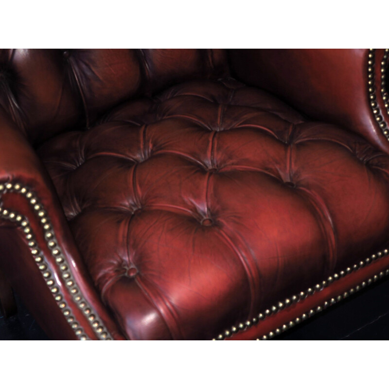 Fauteuil de salon vintage Chesterfield en cuir rouge-brun boutonné, 1970