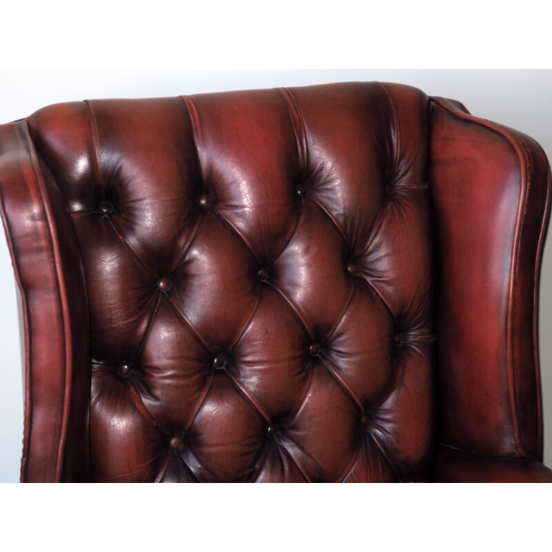 Vintage red-brown leather Chesterfield armchair with buttons, 1970s