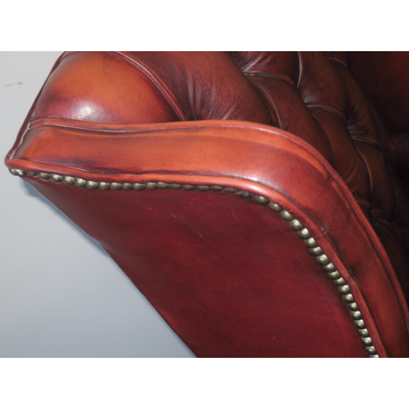 Vintage red-brown leather Chesterfield armchair with buttons, 1970s
