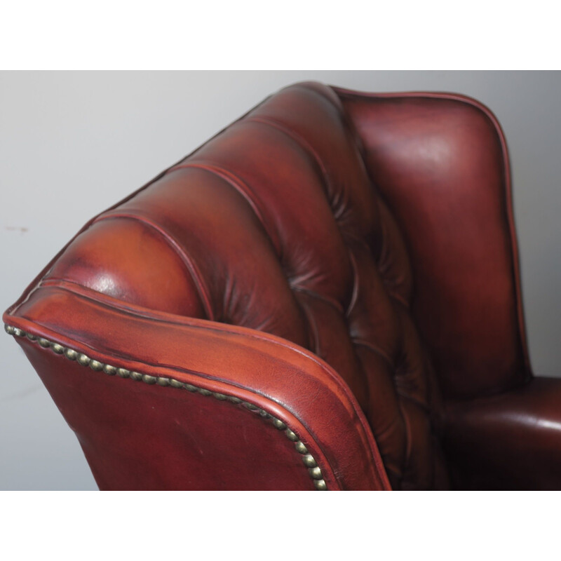 Vintage red-brown leather Chesterfield armchair with buttons, 1970s