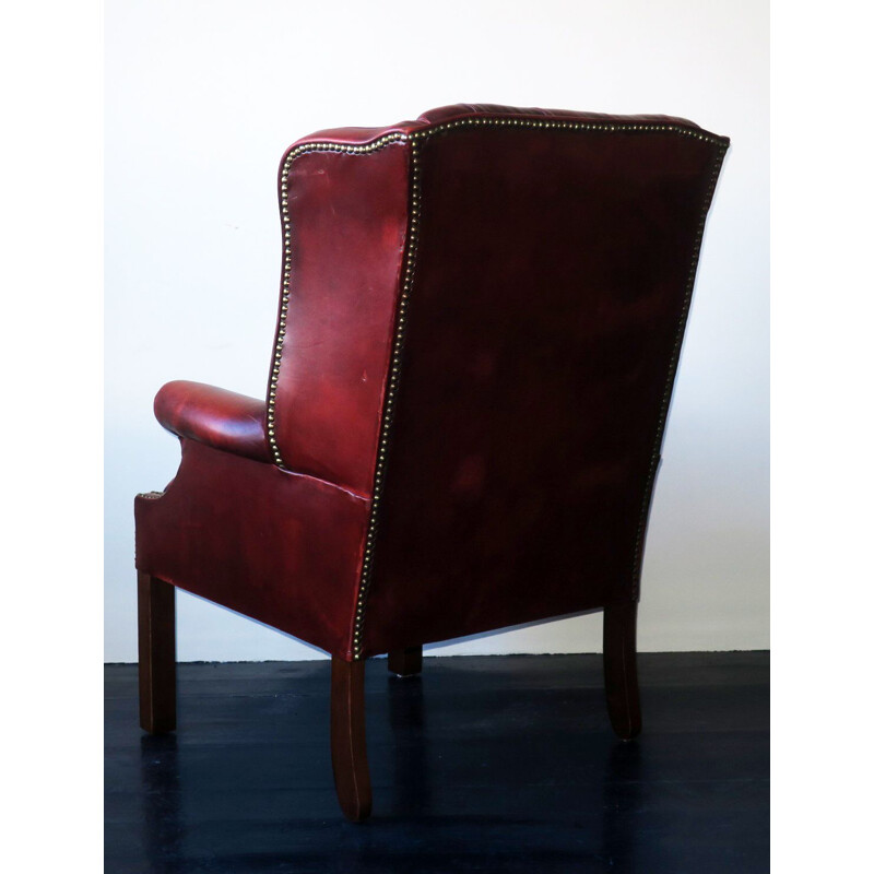 Vintage red-brown leather Chesterfield armchair with buttons, 1970s