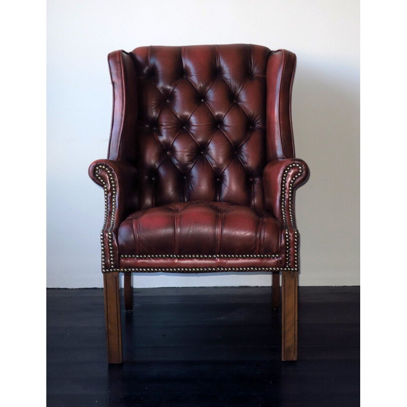 Vintage red-brown leather Chesterfield armchair with buttons, 1970s