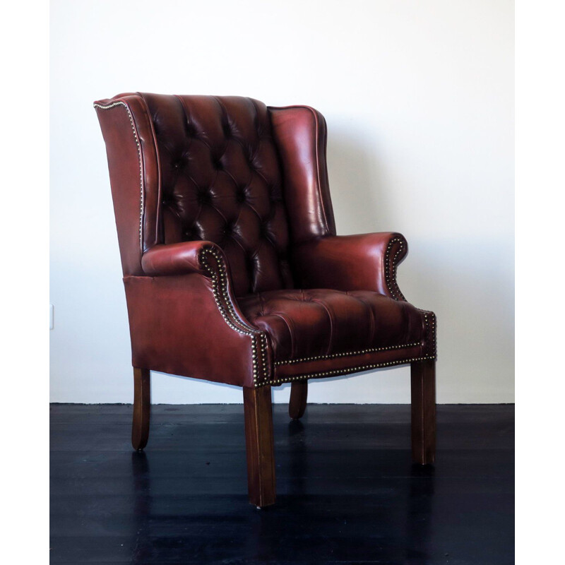 Vintage red-brown leather Chesterfield armchair with buttons, 1970s