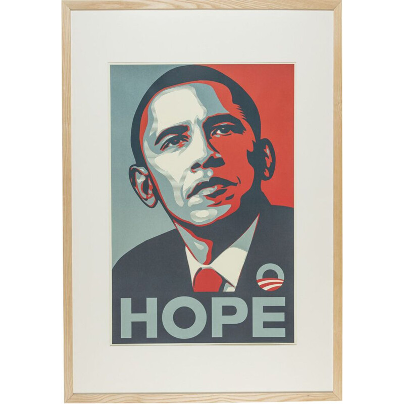 Vintage election poster with handmade ash wood frame of Barack Obama, 2008
