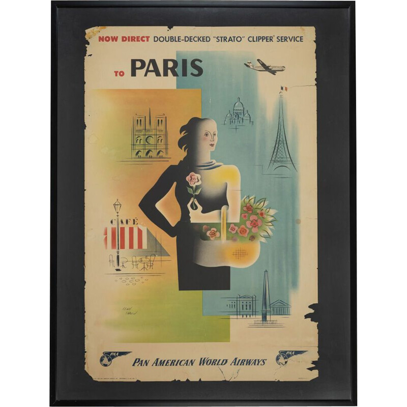 Cartel de viaje vintage "París" enmarcado en madera de Pan Am Airways, 1949