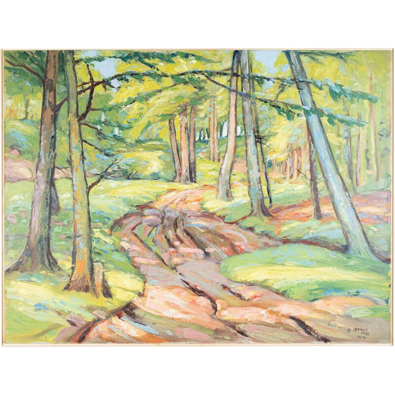 Vintage painting "Woodland Walk" floating frame in ash wood by Hjalmar Larsson, 1938