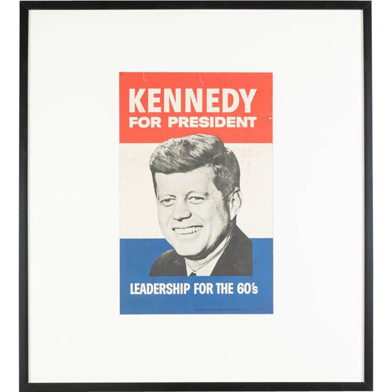 Cartaz da campanha Vintage numa moldura de madeira artesanal de John F. Kennedy, 1960