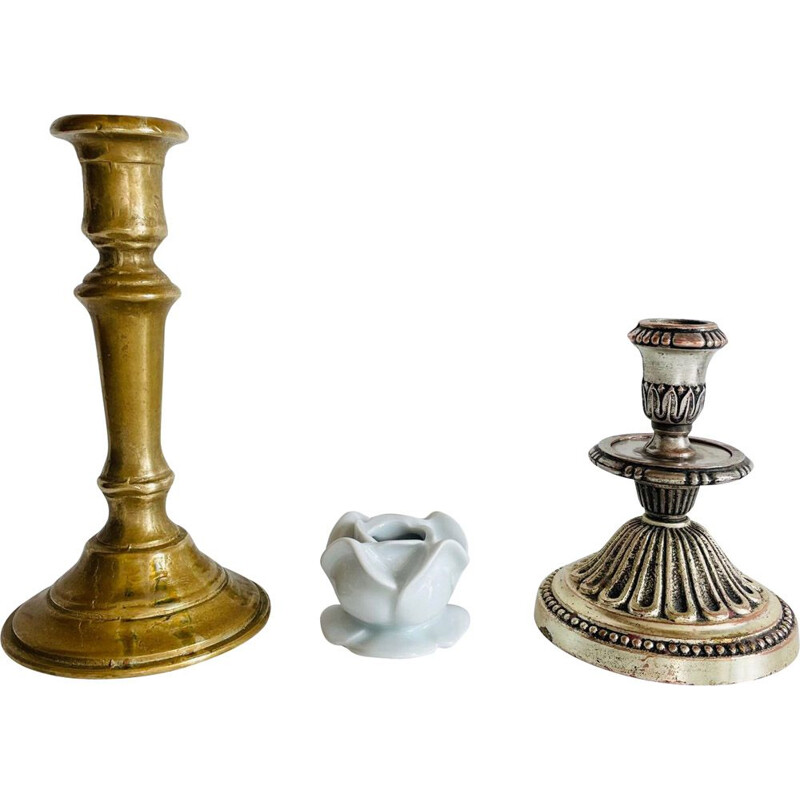 Conjunto de 3 velas de porcelana vintage, latão e prata