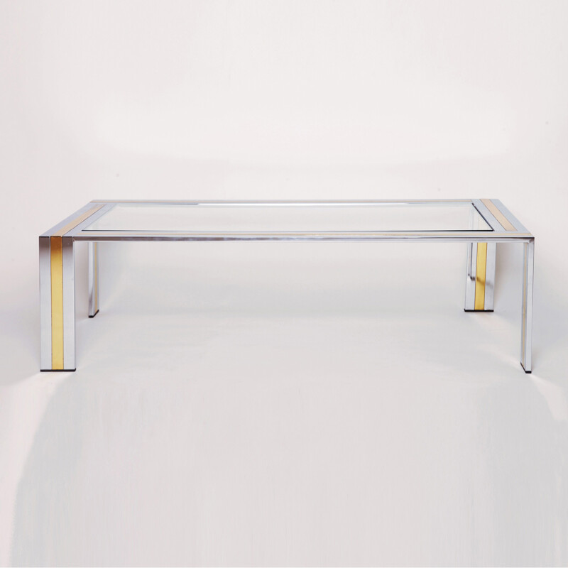 Table basse rectangulaire en verre et laiton, Romeo REGA - 1970