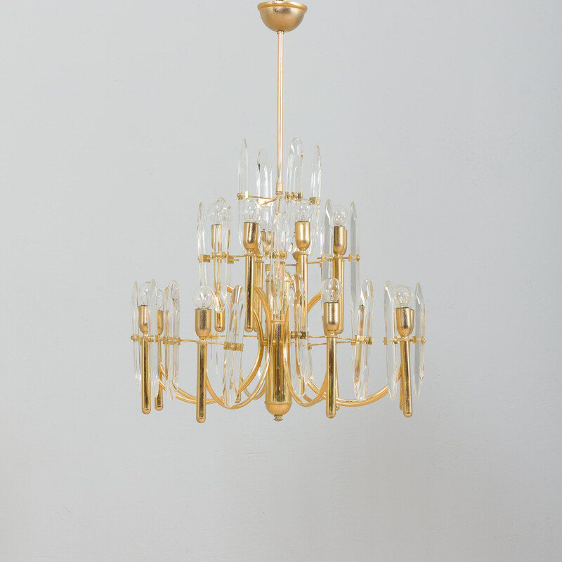 Vintage gold brass & crystal glass chandelier by Gaetano Sciolari, Italy 1970s