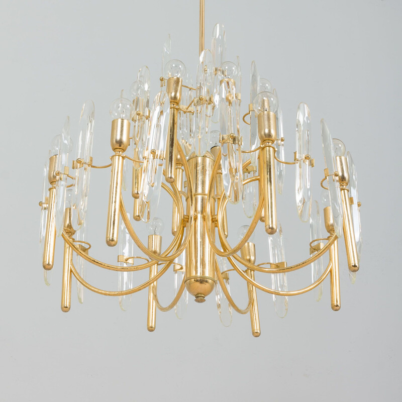 Vintage gold brass & crystal glass chandelier by Gaetano Sciolari, Italy 1970s