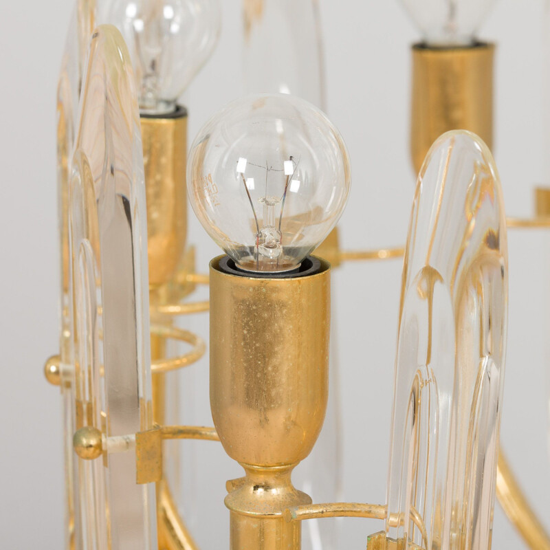 Vintage gold brass & crystal glass chandelier by Gaetano Sciolari, Italy 1970s