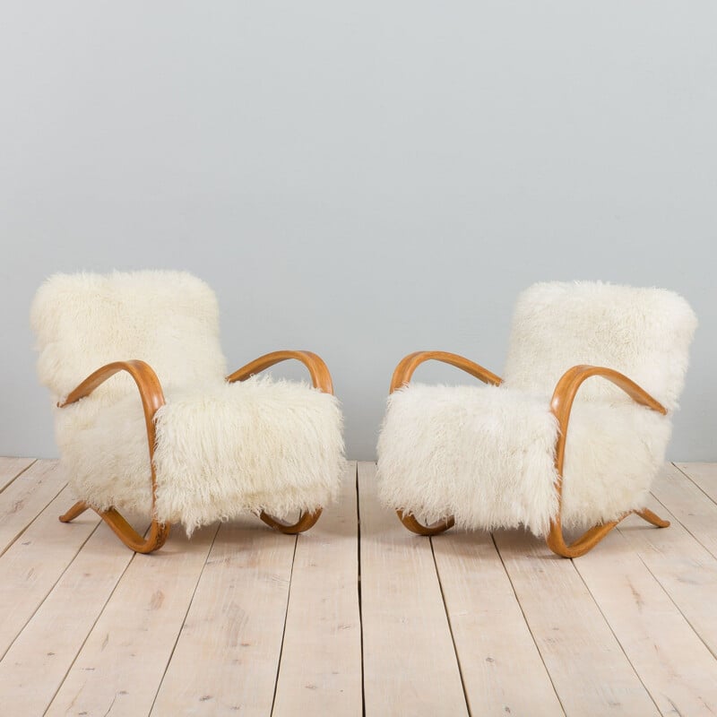 Pair of vintage armchairs model 269 in natural long hair sheepskin by Jindrich Halaba, 1930s