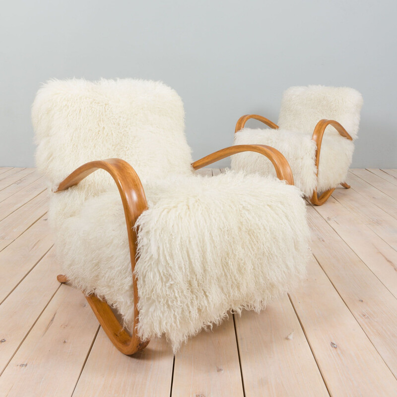 Pair of vintage armchairs model 269 in natural long hair sheepskin by Jindrich Halaba, 1930s