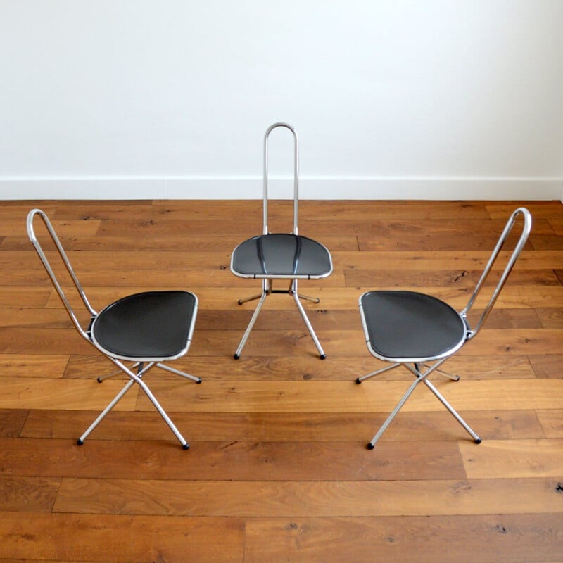 Set of 3 vintage folding chairs in black plexi and chrome by Niels Gammelgaard for Ikea, Italy 1980