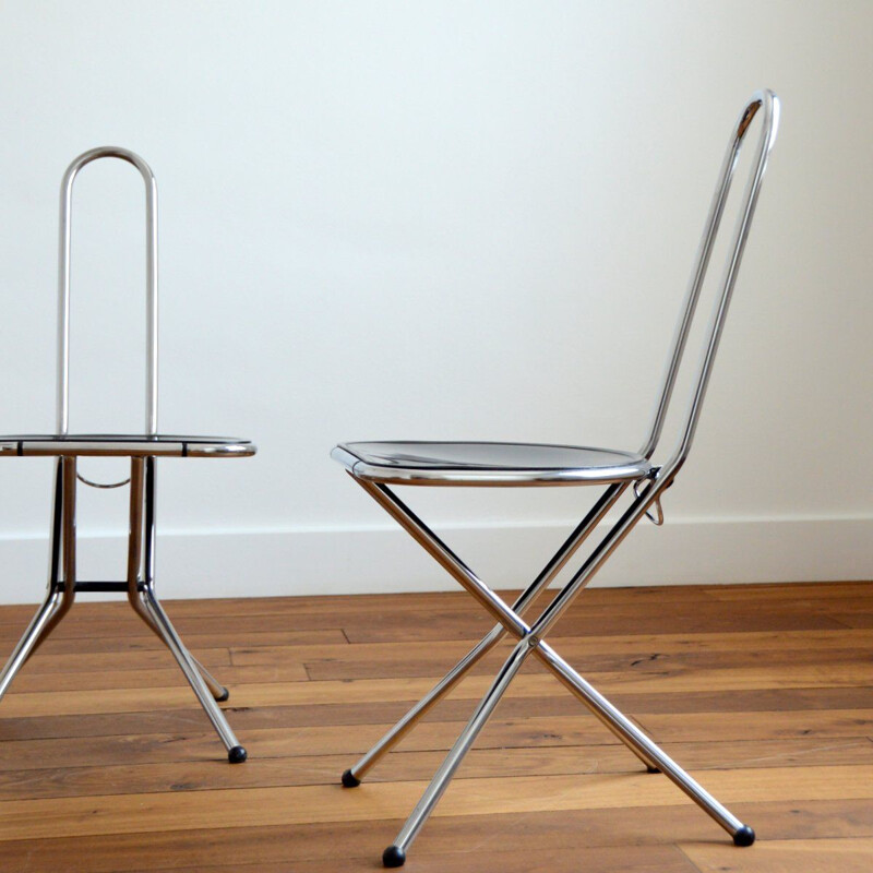 Ensemble de 3 chaises vintage pliable en plexi noir et chromé par Niels Gammelgaard pour Ikea, Italie 1980