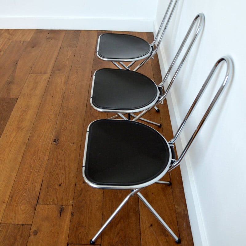 Conjunto de 3 cadeiras dobráveis vintage em plexiglass preto e cromado de Niels Gammelgaard para Ikea, Itália 1980