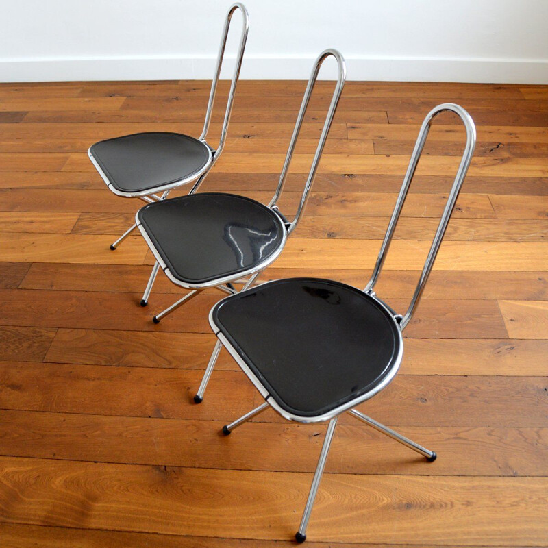 Set di 3 sedie pieghevoli vintage in plexiglass nero e cromato di Niels Gammelgaard per Ikea, Italia 1980
