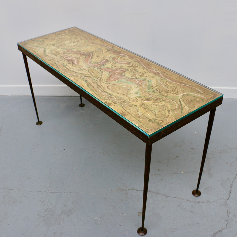 Vintage console with painted top and hammered iron base, France 1950
