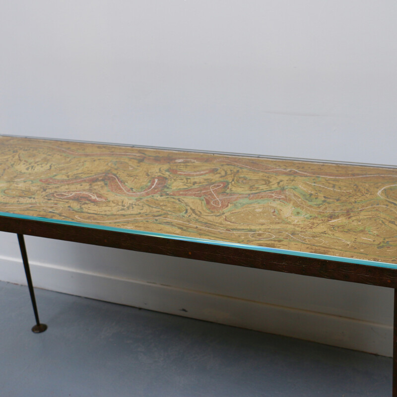 Vintage console with painted top and hammered iron base, France 1950
