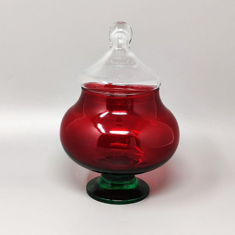 Vaso vintage in vetro rosso e verde Empoli di Rossini, Italia 1960